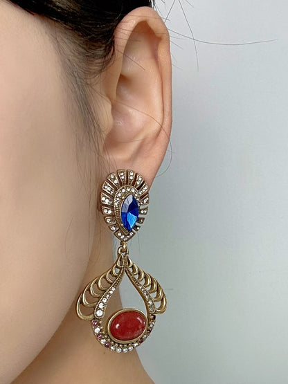 Vintage Heavywork French Medieval Gold-Plated Copper Earrings with Blue Rhinestones & Red Gemstone Pendants