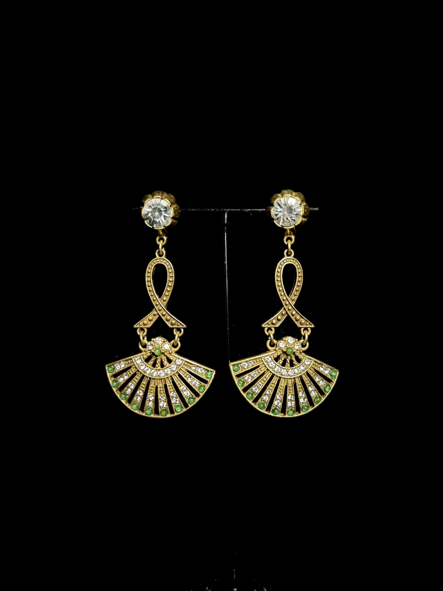 Vintage Gold-Plated Hollow Fan Drop Earrings with Full Rhinestone Inlay