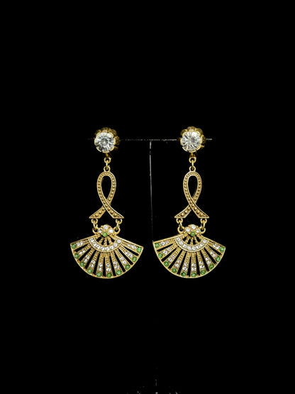 Vintage Gold-Plated Hollow Fan Drop Earrings with Full Rhinestone Inlay