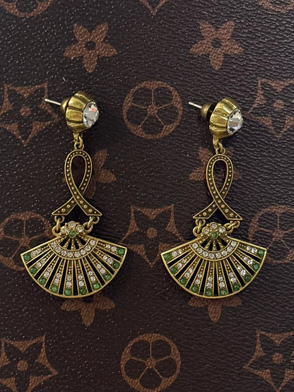 Vintage Gold-Plated Hollow Fan Drop Earrings with Full Rhinestone Inlay