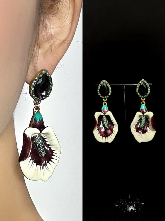 Vintage Heavywork Gold-Plated Enamel 3D Floral Stud Earrings