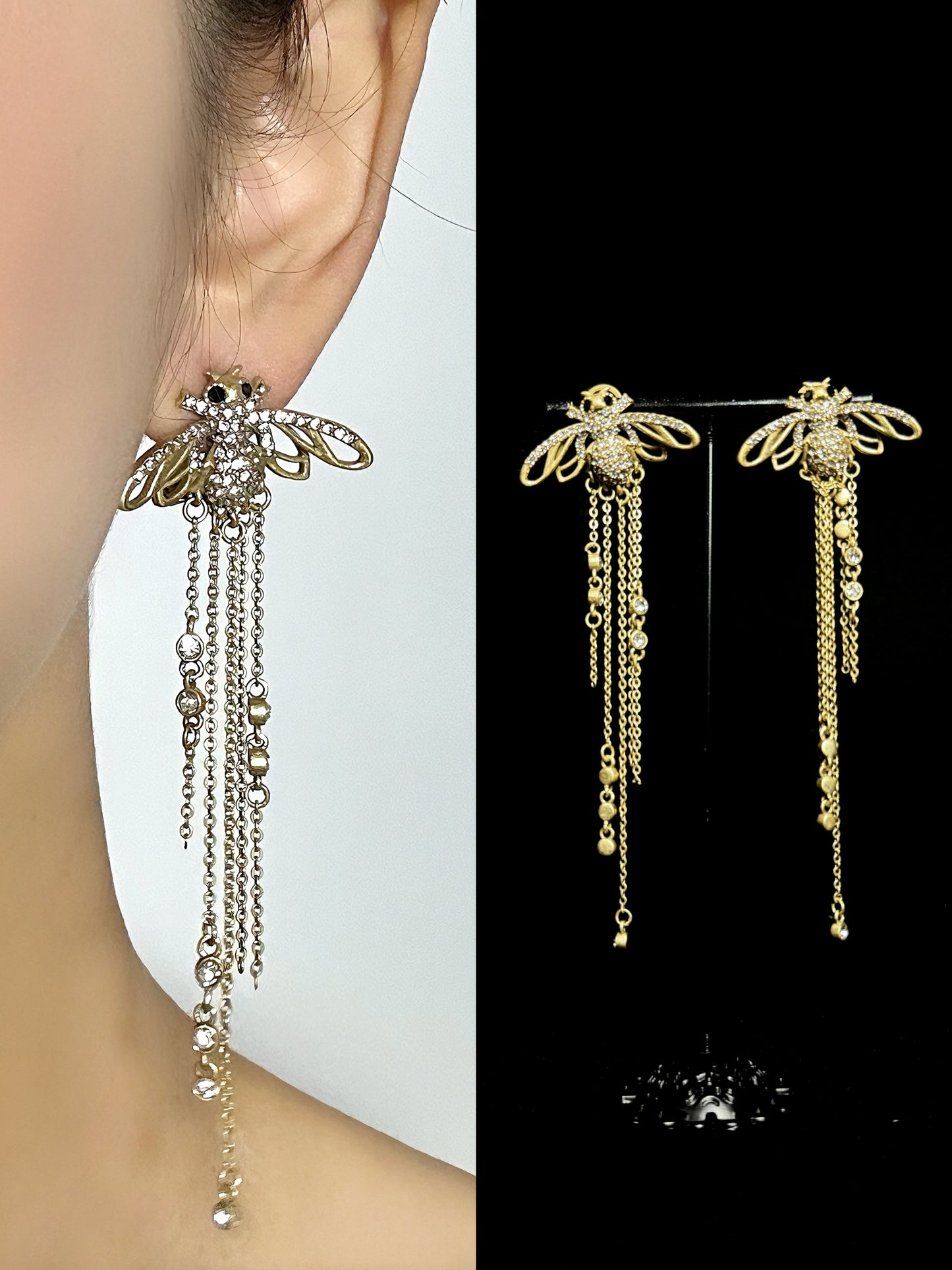 Retro Heavy Craftsmanship Copper-Plated Gold Rhinestone and Natural Lapis Lazuli Half-Circle Earrings