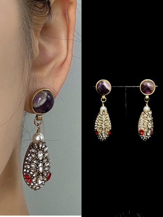 Bold Vintage Snake Head Drop Earrings – Gold-Plated Copper with Amethyst & Pavé Zircon Detailing