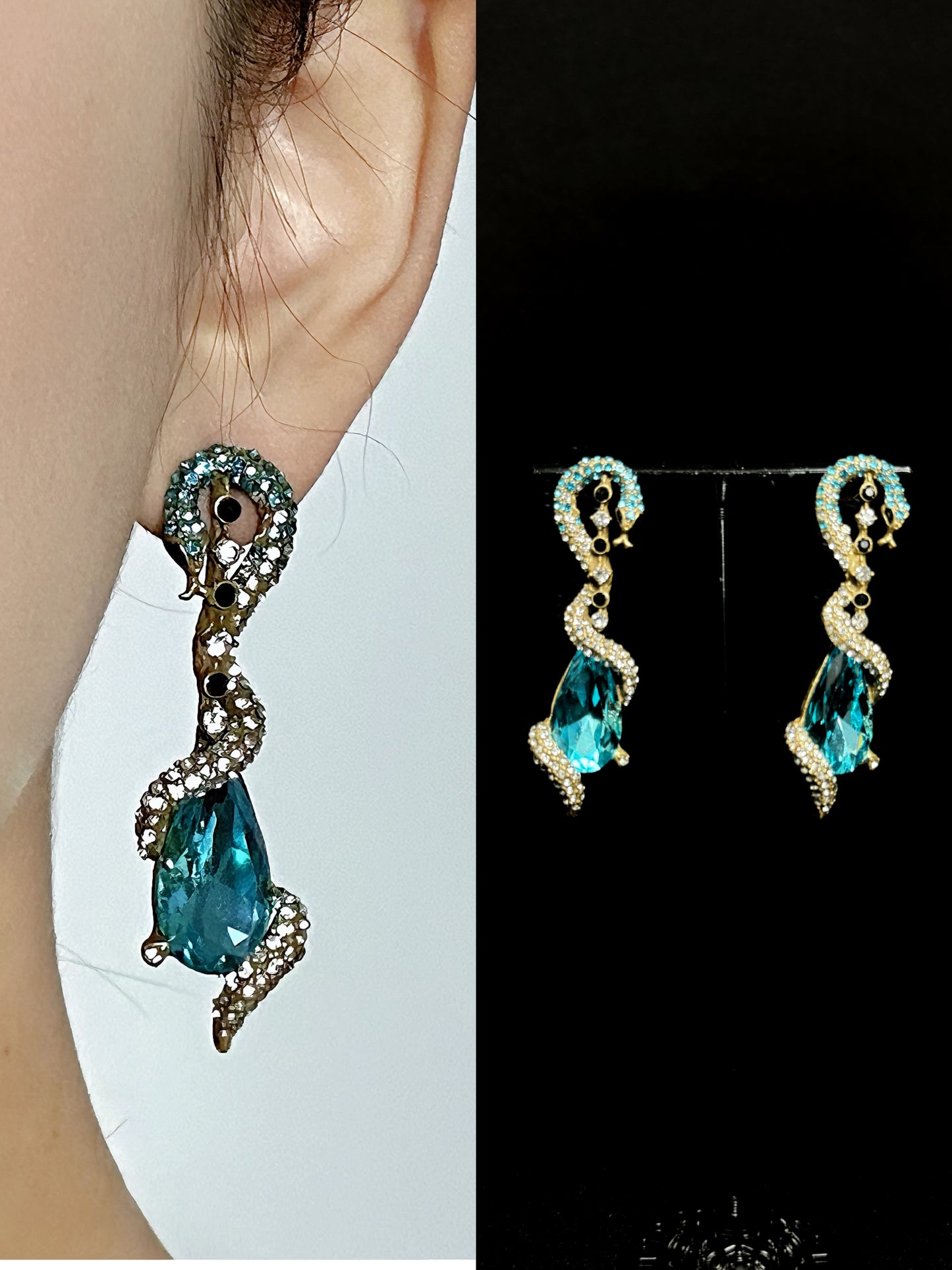 High-End Vintage Gold-Plated Snake Stud Earrings with Blue Rhinestones and Full Zircon Inlay