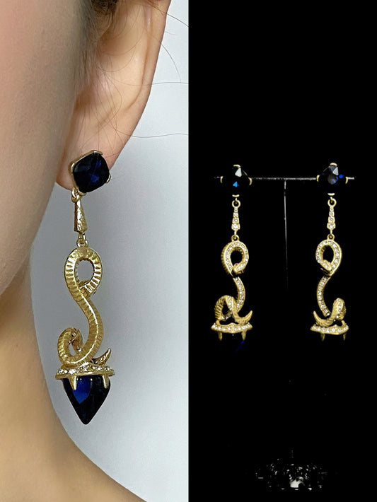 Vintage Copper Gold-Plated Little Snake Earrings with Blue Rhinestone Inlays