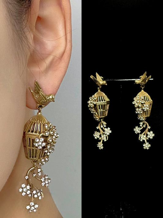 Vintage Heavywork French Gold-Plated Copper 3D Birdcage Design Earrings