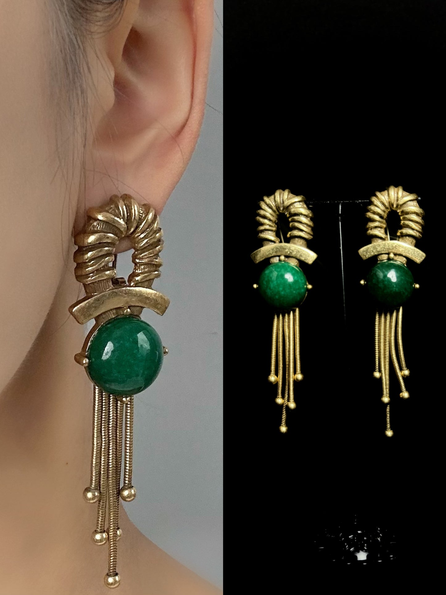 Retro Heavy Craftsmanship Palace-Style Copper-Plated Gold Green Natural Stone Earrings