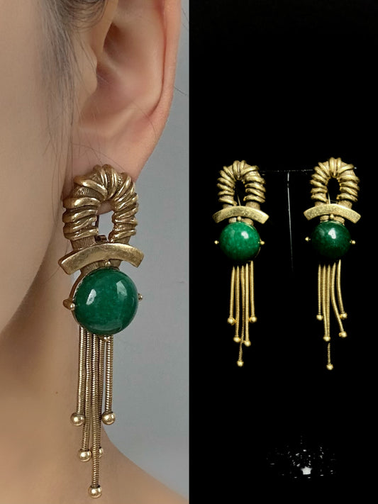 Retro Heavy Craftsmanship Palace-Style Copper-Plated Gold Green Natural Stone Earrings