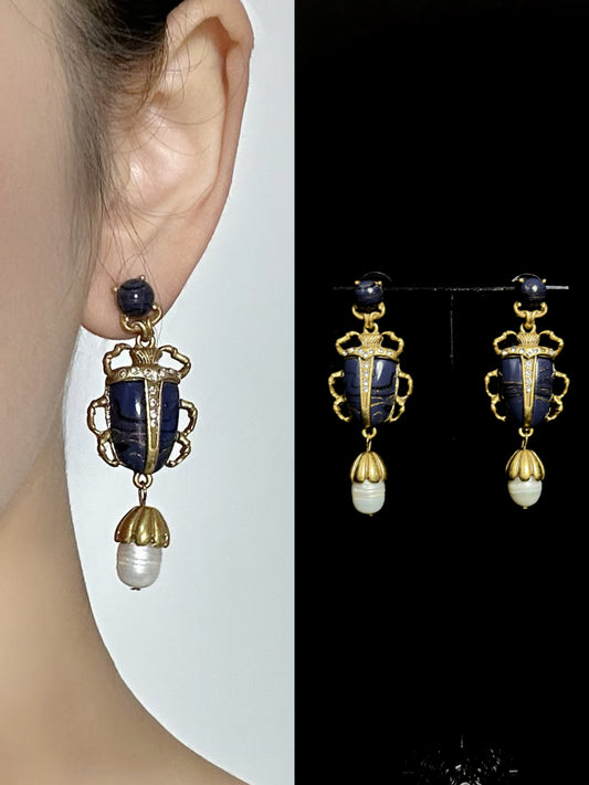 High-End Vintage Gold-Plated Enamel Insect Earrings with Baroque Pearl Drop