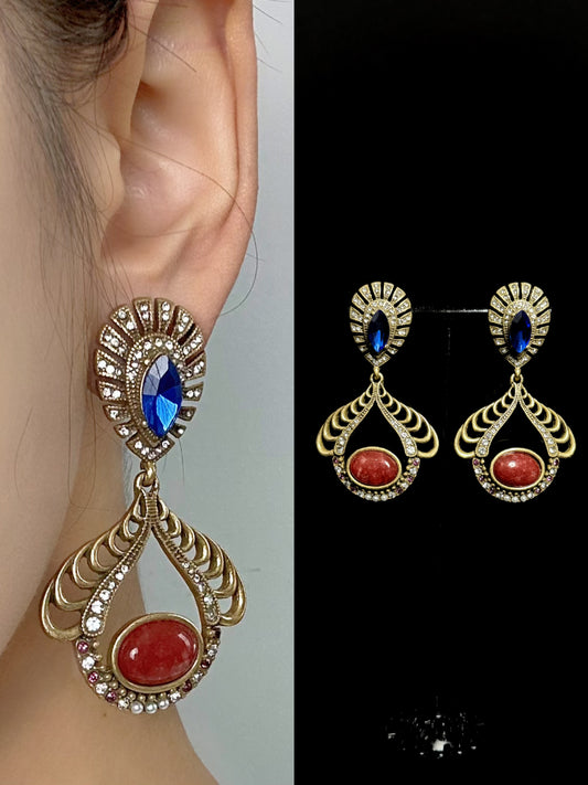 Vintage Heavywork French Medieval Gold-Plated Copper Earrings with Blue Rhinestones & Red Gemstone Pendants