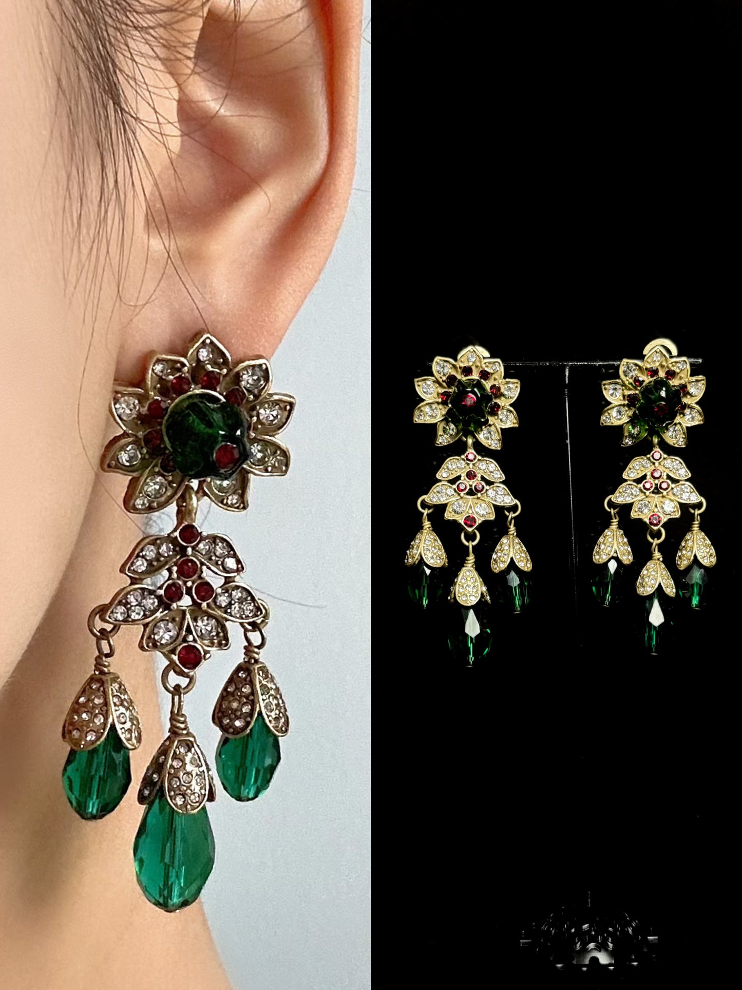 Retro Heavy Craftsmanship Palace-Style Copper-Plated Gold Full Green Crystal Tassel Earrings