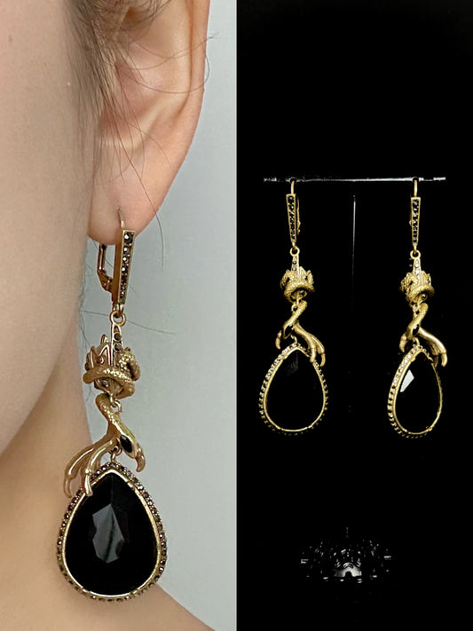 Vintage Heavywork French Gold-Plated Copper Snake & Claw Black Teardrop Pendant Earrings