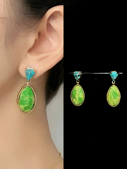 Genius Vintage Turquoise Oval-Cut Stud Earrings – Gold-Plated Copper Artistic Design