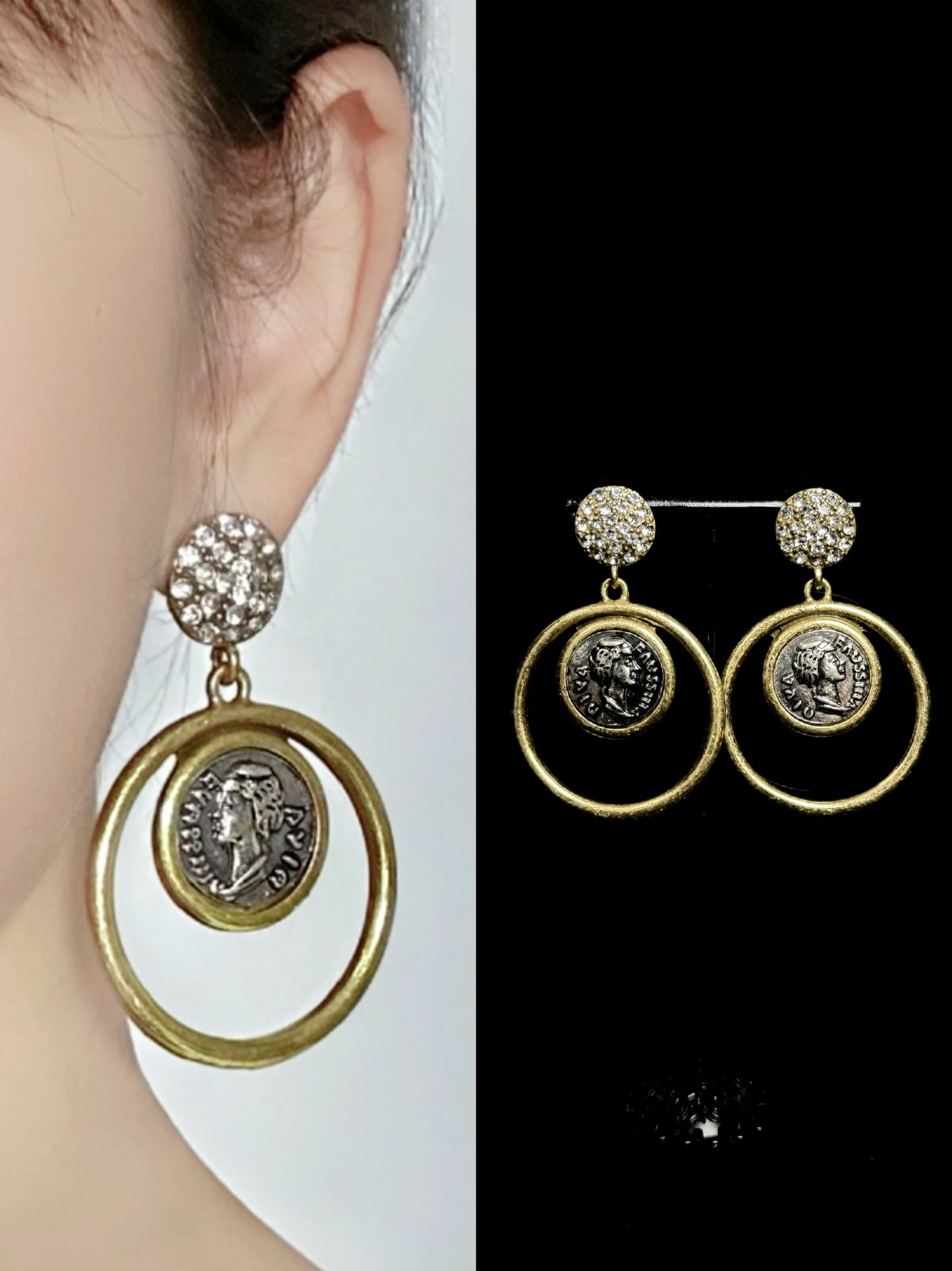 Vintage Coin Portrait Hoop Earrings – Gold-Plated Copper with Zircon Accents