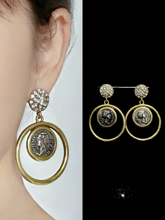 Vintage Coin Portrait Hoop Earrings – Gold-Plated Copper with Zircon Accents