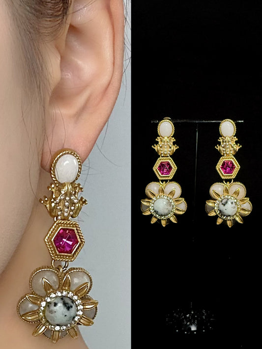 Vintage Gold-Plated Frog & Flower Drop Earrings with Natural Stone – Retro Statement Jewelry