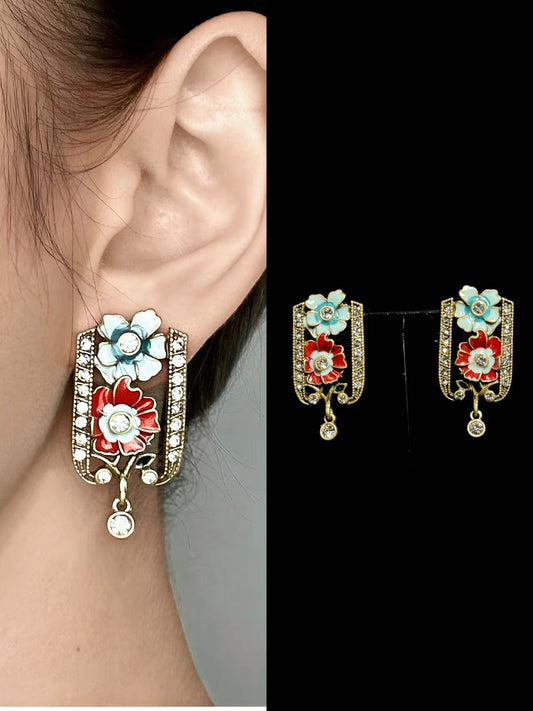 Handmade Vintage Enamel Flower Earrings - Antique Gold Plated Copper with Full CZ Stone Pavé | Boho Elegant Statement Bridal Jewelry