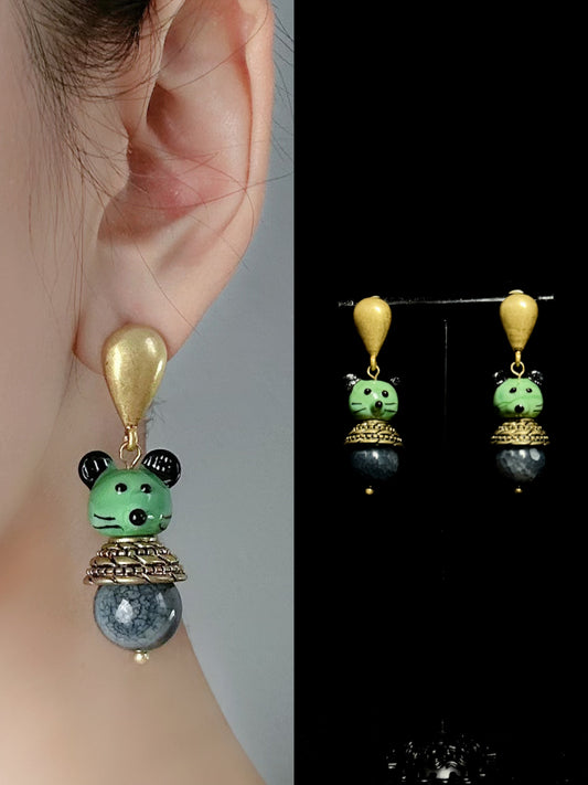 Vintage Enamel Mouse Stud Earrings – Gold-Plated Copper with Natural Stone Inlay