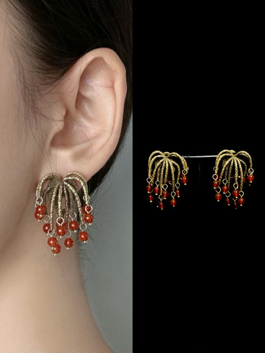 Handmade Vintage Firework Copper Gold Plated Earrings with Natural Red Stone Beads - Artisan Statement Boho Luxury Earrings