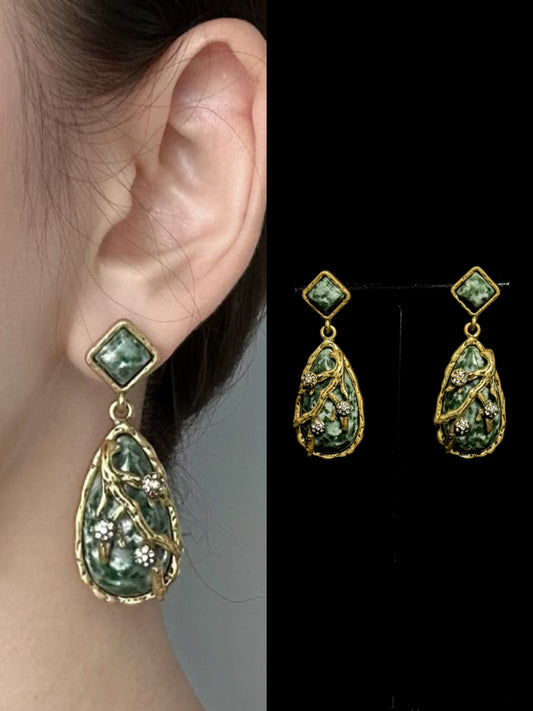 Handmade Antique Gold Plated Copper Earrings with Natural Celadon Jade Teardrop Stones - Boho Vintage Statement Drop Earrings for Women