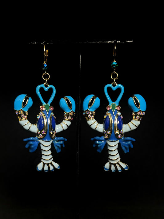 Blue & White Enamel Lobster Drop Earrings – Vintage Niche Luxury Statement Design