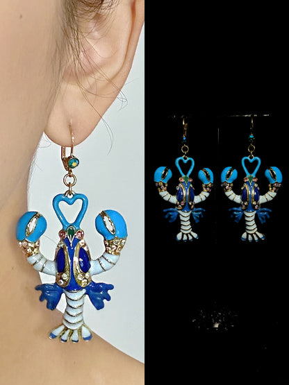 Blue & White Enamel Lobster Drop Earrings – Vintage Niche Luxury Statement Design