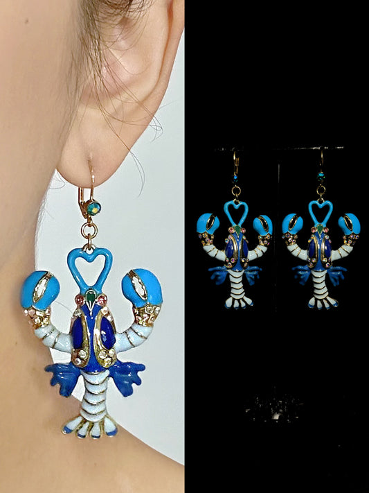 Blue & White Enamel Lobster Drop Earrings – Vintage Niche Luxury Statement Design