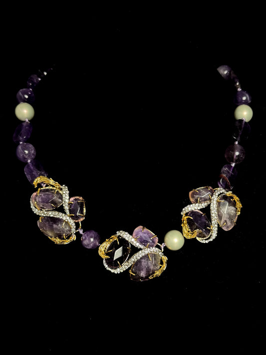 Avant-Garde Gold-Plated Amethyst Statement Necklace – Double-Tone Vintage Designer Piece