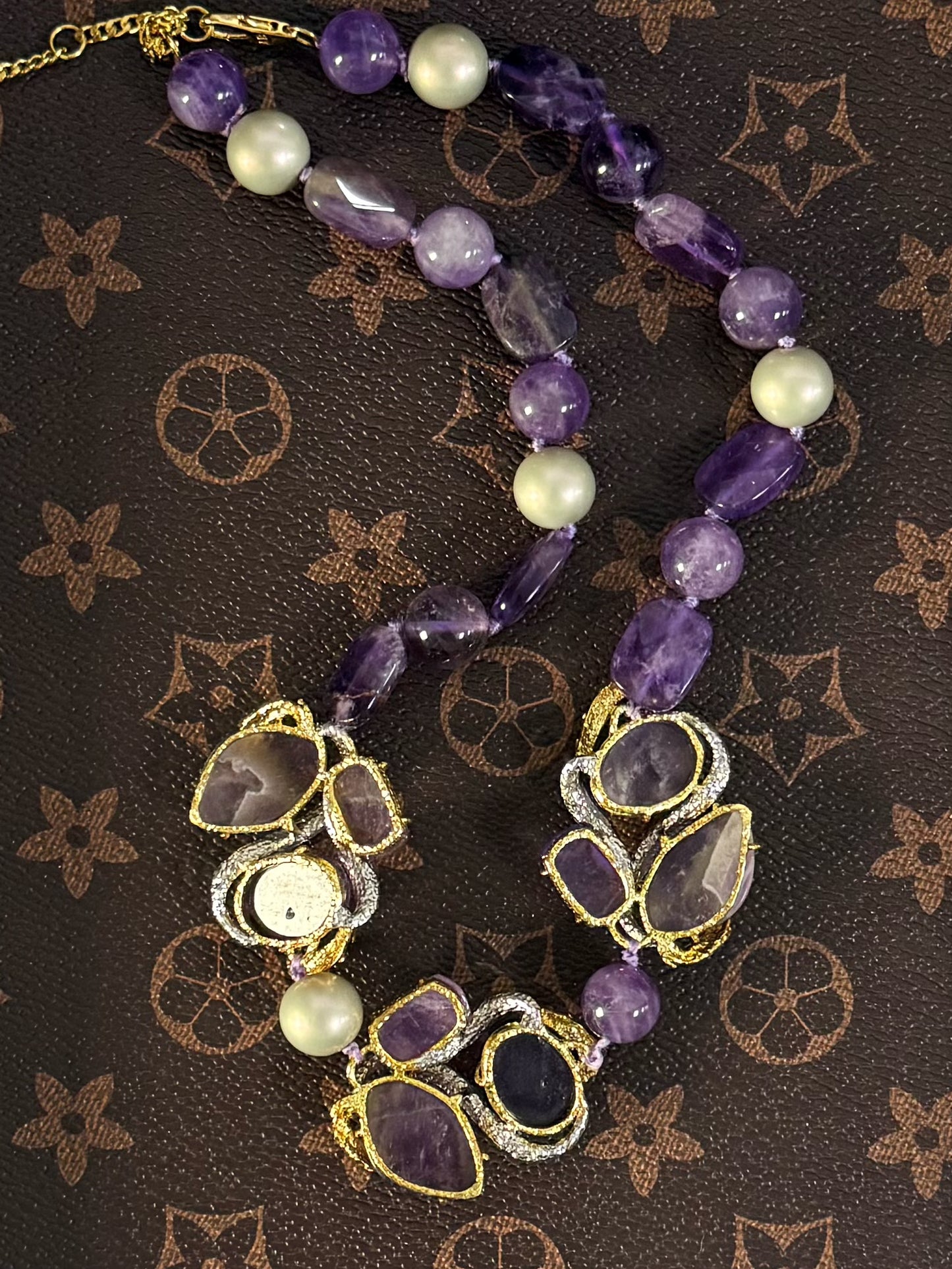 Avant-Garde Gold-Plated Amethyst Statement Necklace – Double-Tone Vintage Designer Piece
