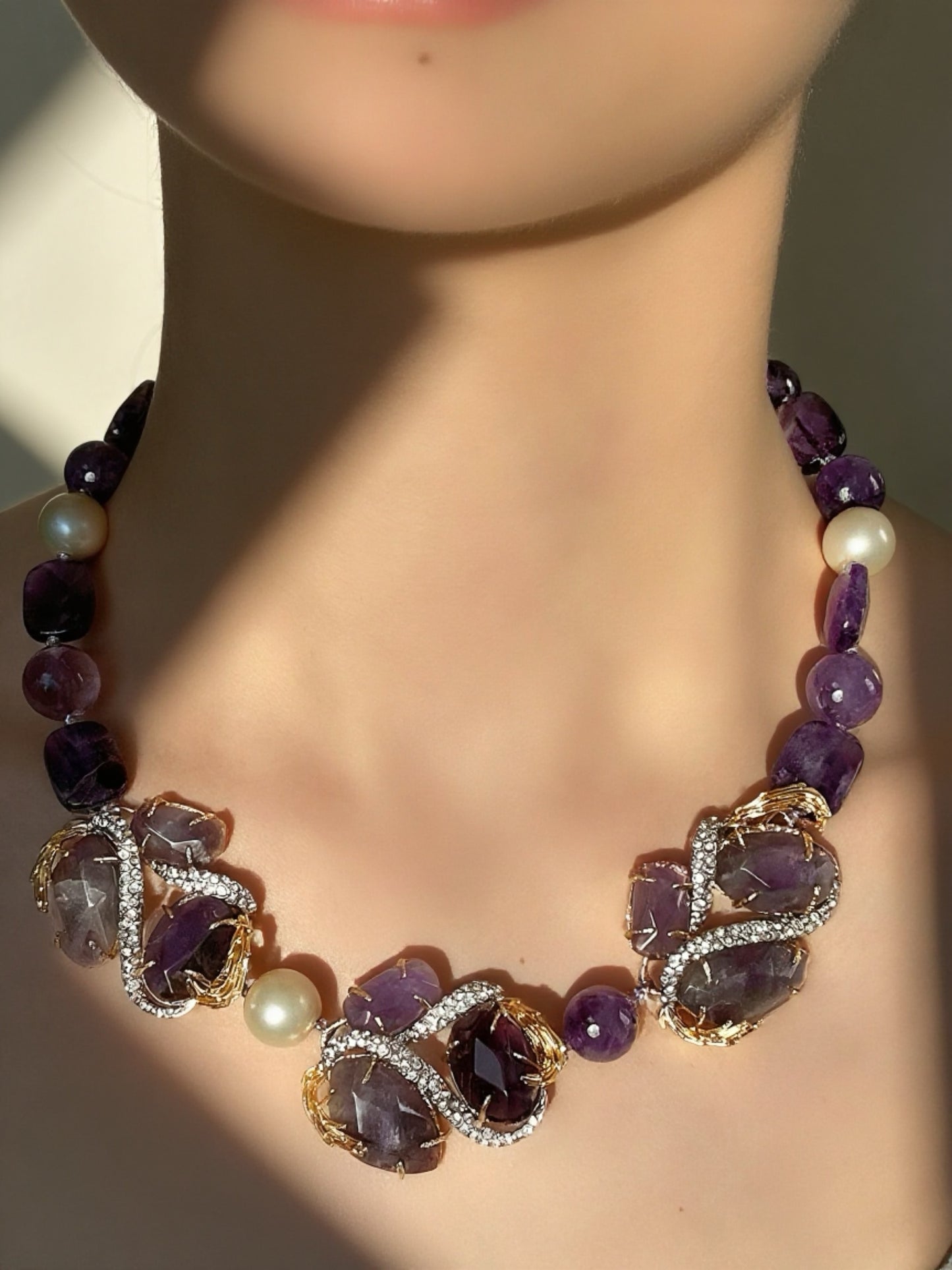 Avant-Garde Gold-Plated Amethyst Statement Necklace – Double-Tone Vintage Designer Piece