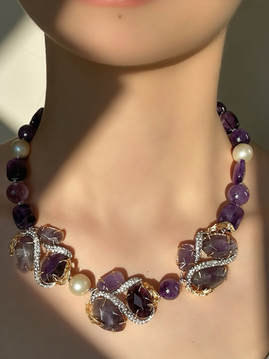 Avant-Garde Gold-Plated Amethyst Statement Necklace – Double-Tone Vintage Designer Piece