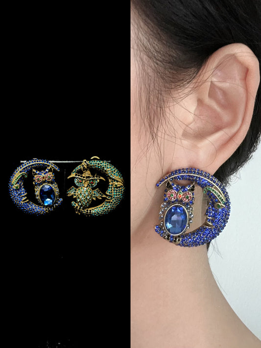Vintage Mismatched Owl & Moon Clip-On Earrings – Gold-Plated Copper with Blue & Green Rhinestones (AB Design)