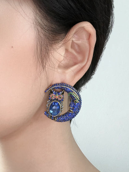 Vintage Mismatched Owl & Moon Clip-On Earrings – Gold-Plated Copper with Blue & Green Rhinestones (AB Design)