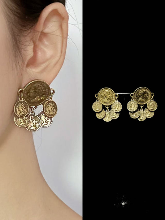 Retro Heavy Craftsmanship Palace-Style Copper-Plated Gold Green Natural Stone Earrings