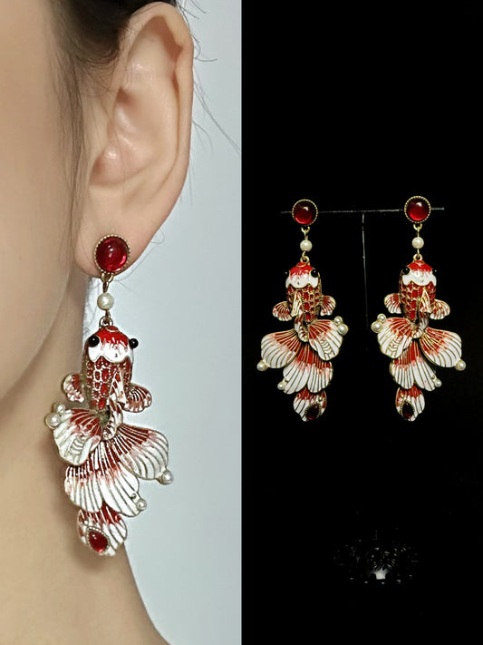 Artisan Enamel Goldfish Drop Earrings – Vintage-Inspired Niche Luxury Design