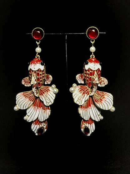 Artisan Enamel Goldfish Drop Earrings – Vintage-Inspired Niche Luxury Design