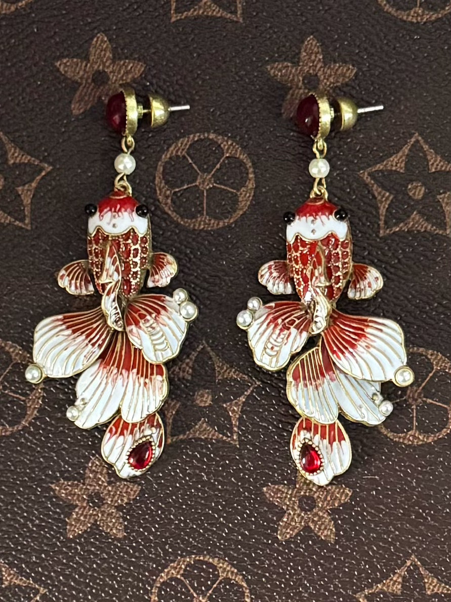 Artisan Enamel Goldfish Drop Earrings – Vintage-Inspired Niche Luxury Design