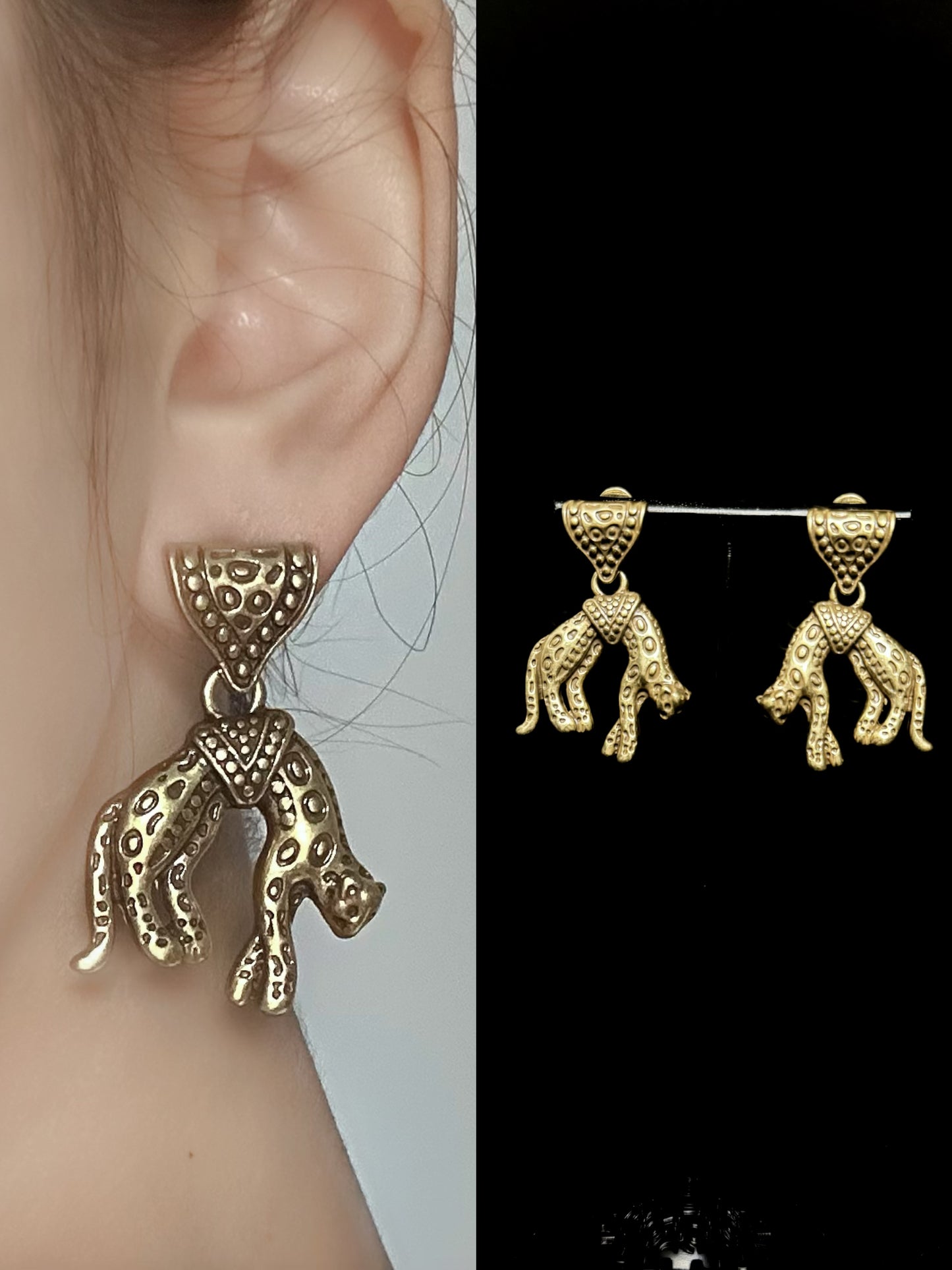 Vintage Heavywork Gold-Plated Engraved Cheetah Pendant Stud Earrings – Unique Statement Jewelry