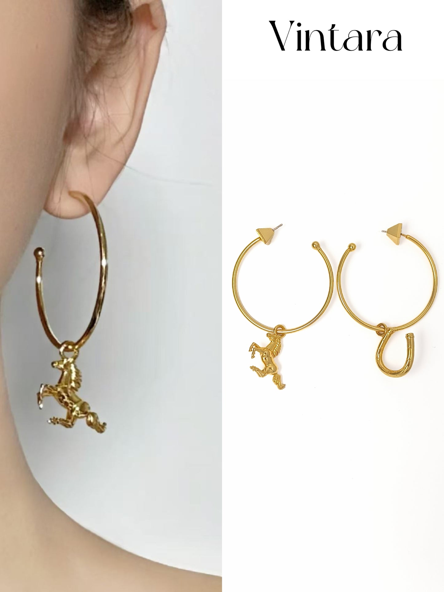 Bold AB Design Horse & Horseshoe Hoop Earrings – Gold-Plated Copper Artistic Statement Pair