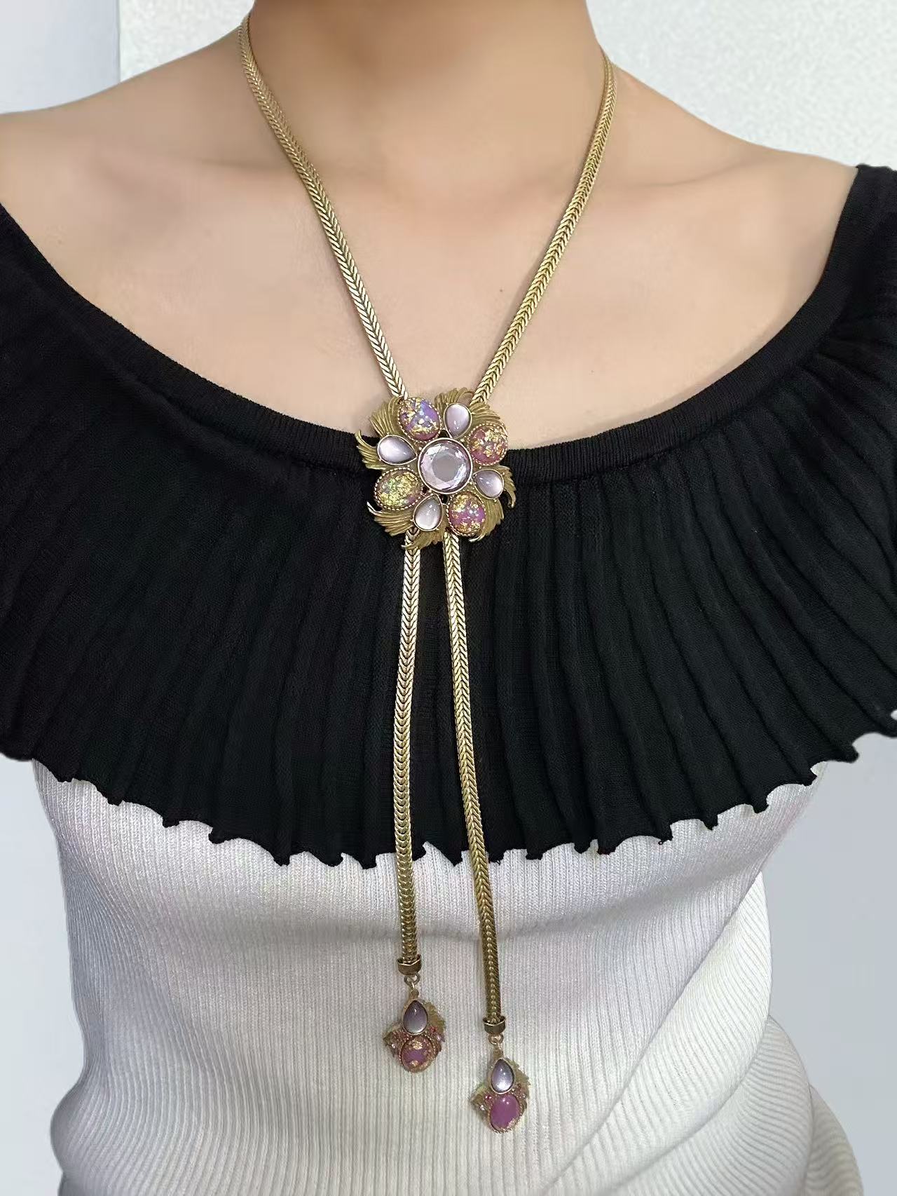 Royal-Inspired Adjustable Necklace: Heavy-Duty Brass with Purple Rhinestone Florals