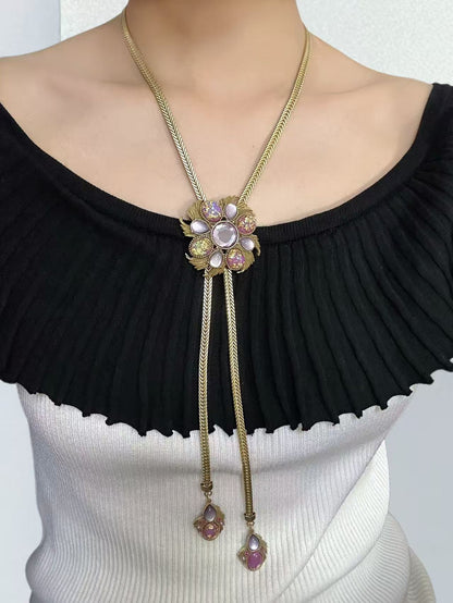 Royal-Inspired Adjustable Necklace: Heavy-Duty Brass with Purple Rhinestone Florals