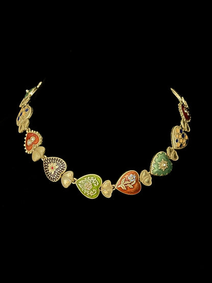 Vintage Heavy Craft Gold-Plated Brass Heart Pendant Choker Necklace