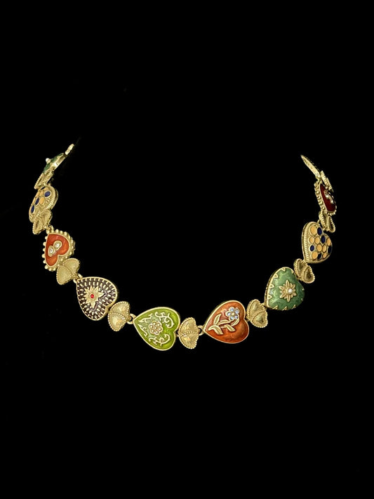 Vintage Heavy Craft Gold-Plated Brass Heart Pendant Choker Necklace