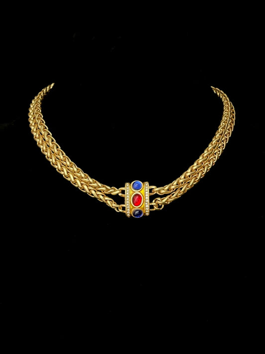 Vintage Heavy Craft Gold-Plated Copper Double-Layer Chain Red & Blue Glass Pendant Collarbone Necklace