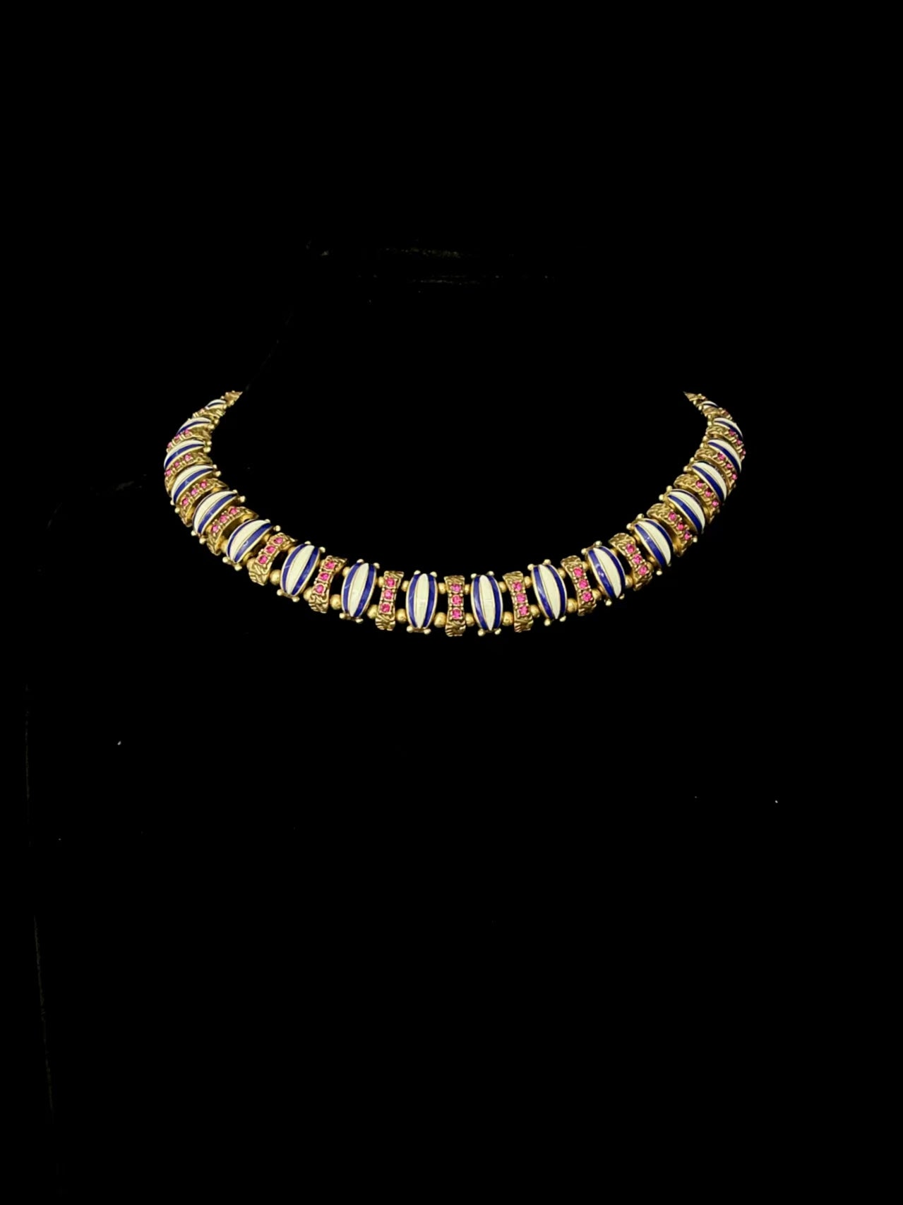Vintage Heavy Craft Brass 18K Gold-Plated Necklace with Blue & White Enamel and Red Rhinestones