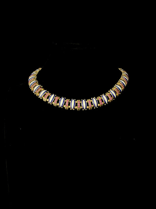 Vintage Heavy Craft Brass 18K Gold-Plated Necklace with Blue & White Enamel and Red Rhinestones