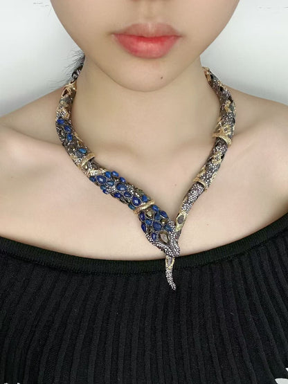 Vintage Intricate Snake King Cobra Choker Necklace - Full Crystal & Gold-Plated
