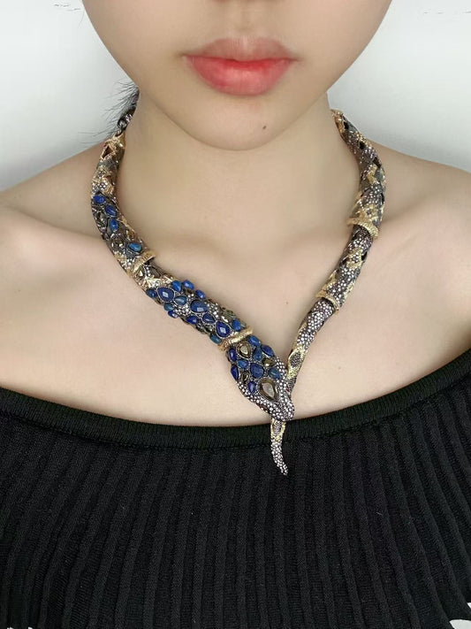Vintage Intricate Snake King Cobra Choker Necklace - Full Crystal & Gold-Plated