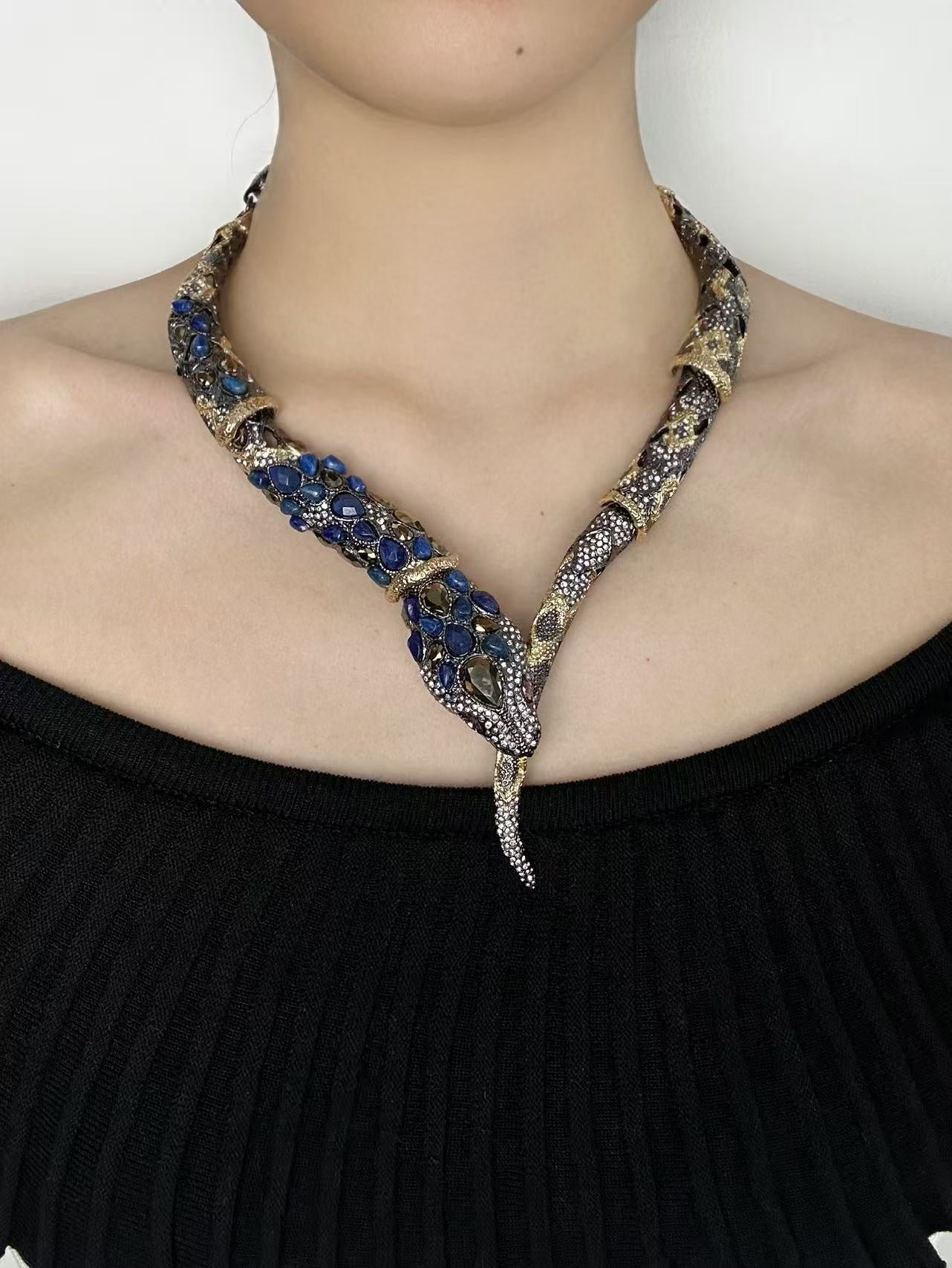 Vintage Intricate Snake King Cobra Choker Necklace - Full Crystal & Gold-Plated