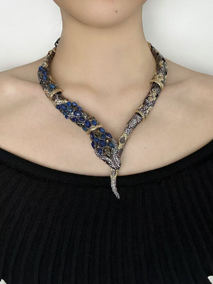 Vintage Intricate Snake King Cobra Choker Necklace - Full Crystal & Gold-Plated